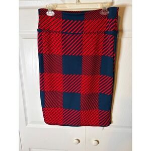 LuLaRoe Cassie Pencil Skirt Large Navy Blue Red Plaid Geometric Stretch Bodycon